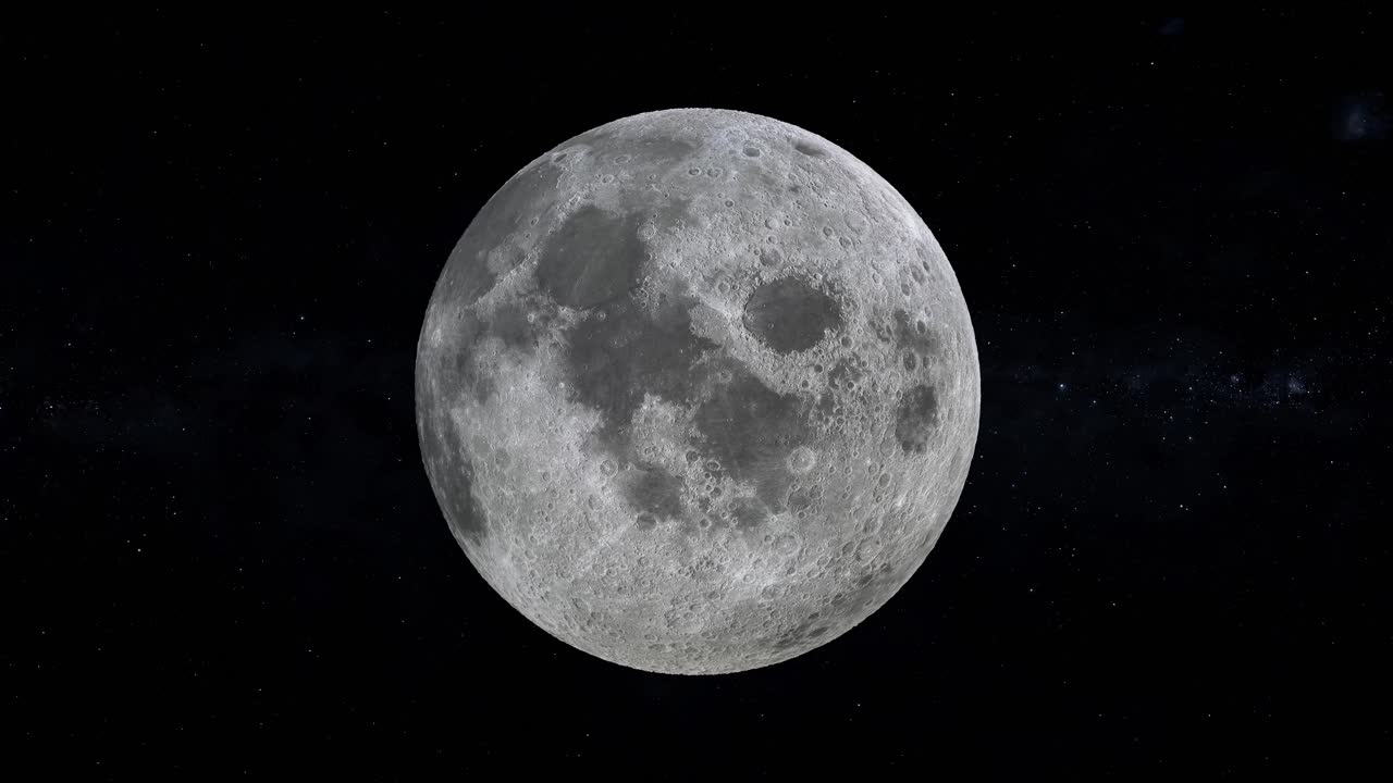 luna llena girando con estrellas y galaxia de la vía láctea en la representación 3d de fondo