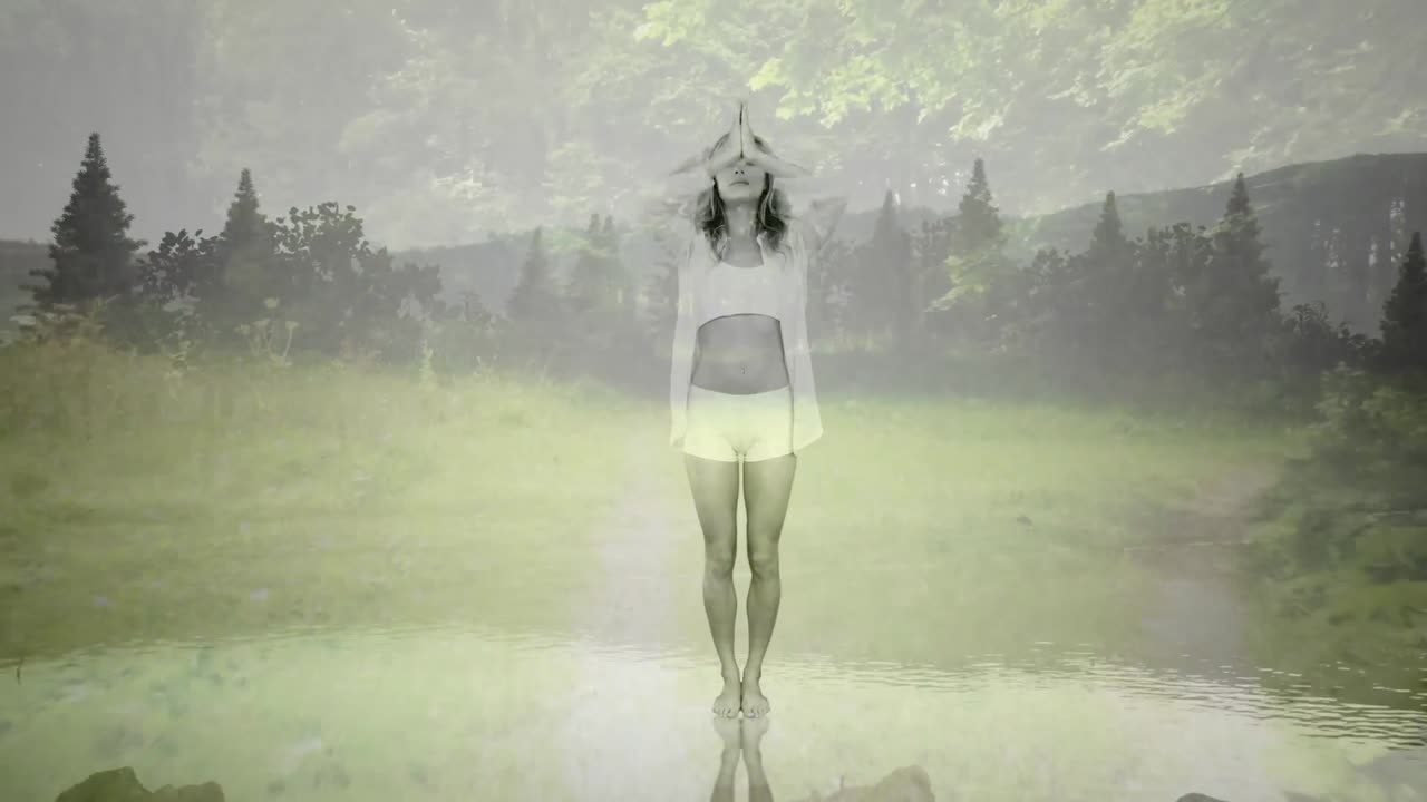 배경 에 있는 나무 들 에 대항 하여 요가 를 연습 하는 여자 위 에 반 ⁇ 이는 빛 의 애니메이션