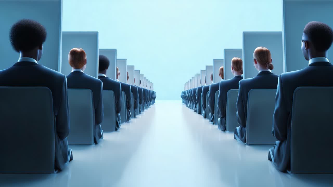 A captivating scene depicting a row of individuals in business attire sitting silently in a futuristic setting, conveying themes of conformity, isolation, and collective experiences in a digital age