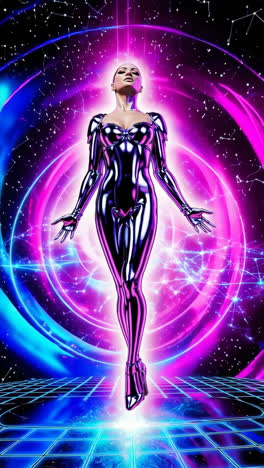 reflective android in a vibrant sci-fi universe