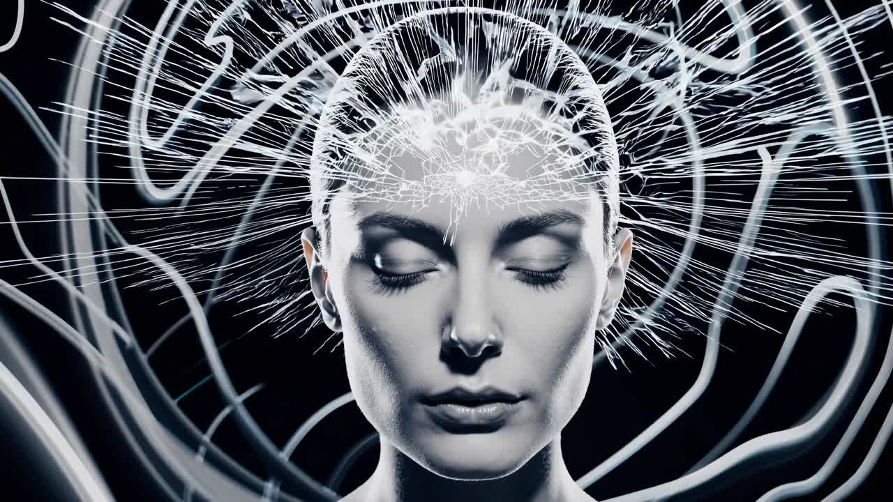 Digital transformation visualized through luminous lines radiating from female silhouette, representing neural network evolution and consciousness expansion against shadowy graphical environment