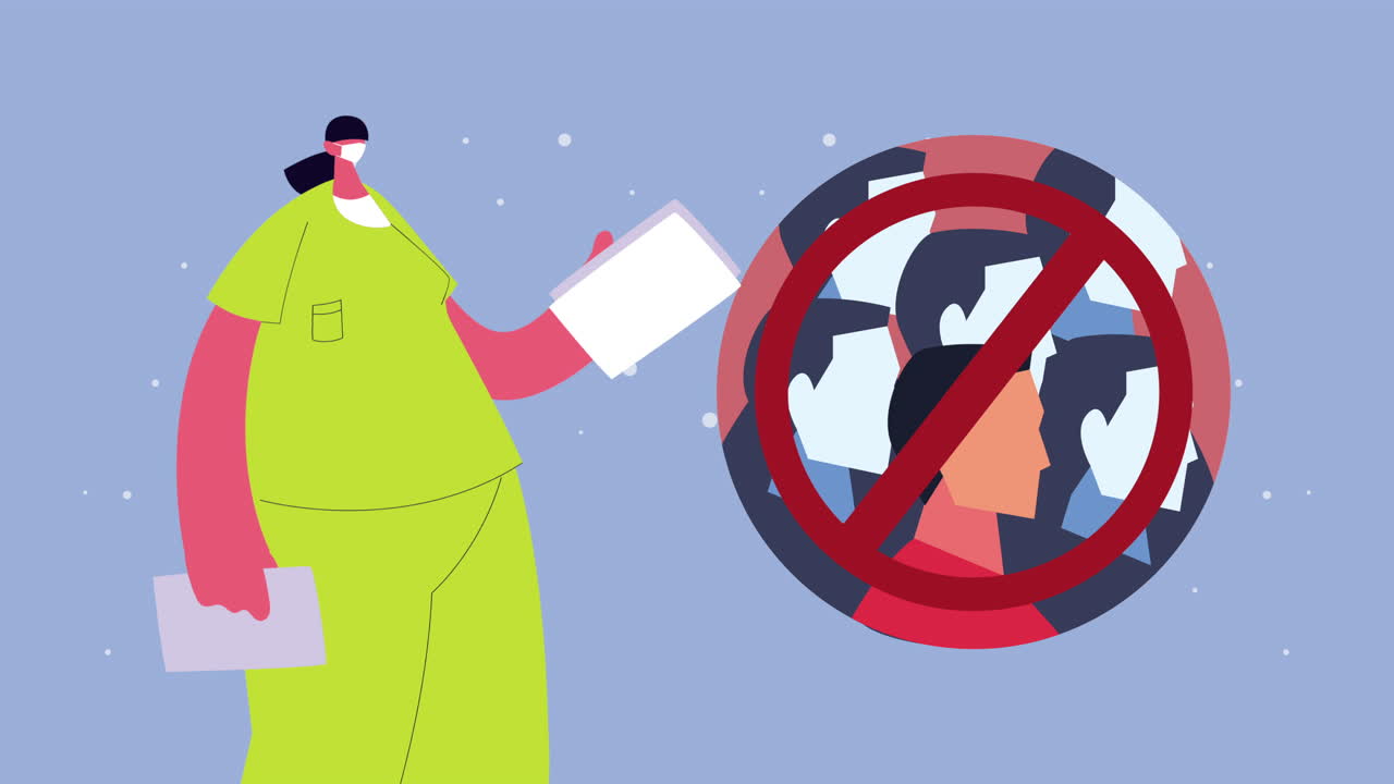 코로나19를 예방하기 위해 의료 마스크를 착용한 여성 의사와 군중을 피하는 신호