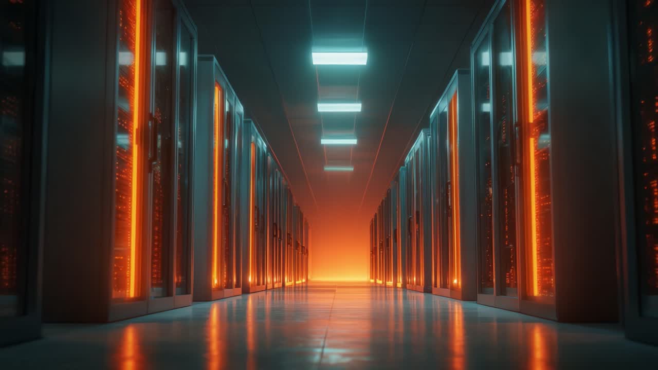 En Betagende Udsigt over Et Moderne Datacenter med Rækker af Højteknologiske Serverracks, Oplyst af Levende Orange Belysning i Et Højteknologisk Miljø