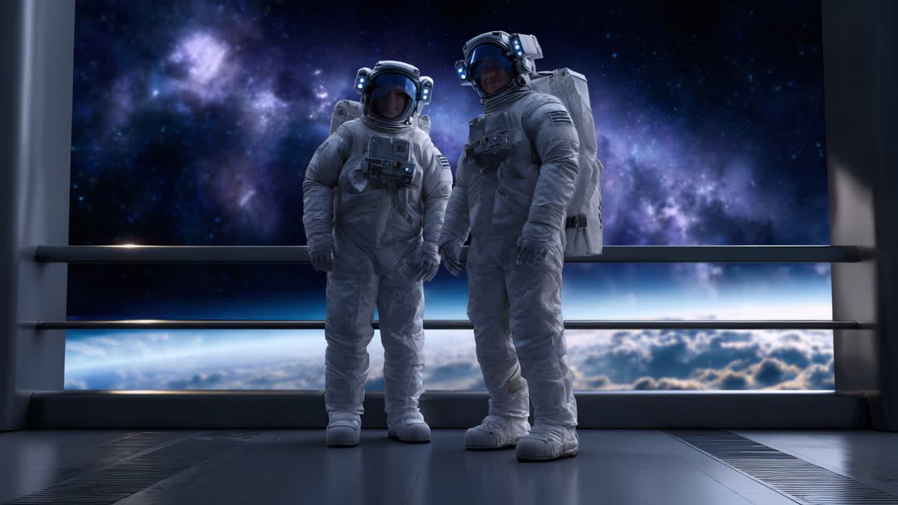 Deux astronautes en combinaisons spatiales complètes se tiennent ensemble devant un décor époustouflant d'étoiles et de galaxies, illustrant l'immensité de l'espace depuis une station spatiale.