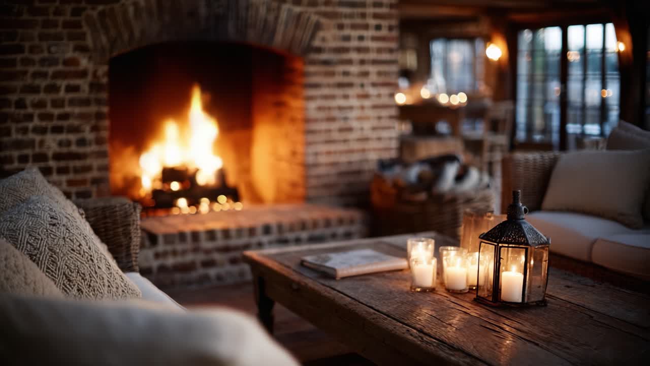 Accogliente soggiorno dal fascino rustico con un caldo camino, candele tremolanti e sedute invitanti per il massimo relax e comfort.