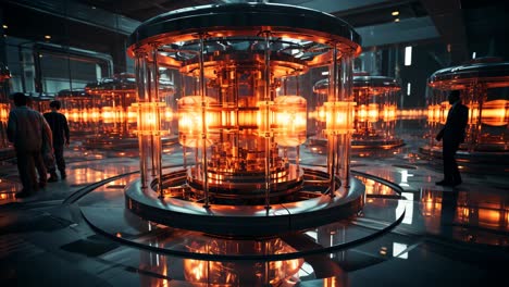 innovative energy facility with glowing reactors and visitors observing