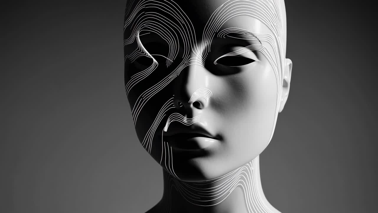 Black and white portrait of a futuristic woman with white lines on her face, creating a surreal and artistic composition in a dark environment
