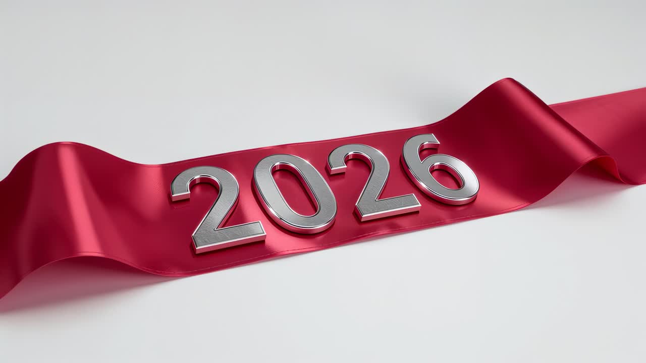 Krullende rode linten die van boven naar beneden lopen en een chromen 2026 omlijsten voor de feestdagen op een witte achtergrond