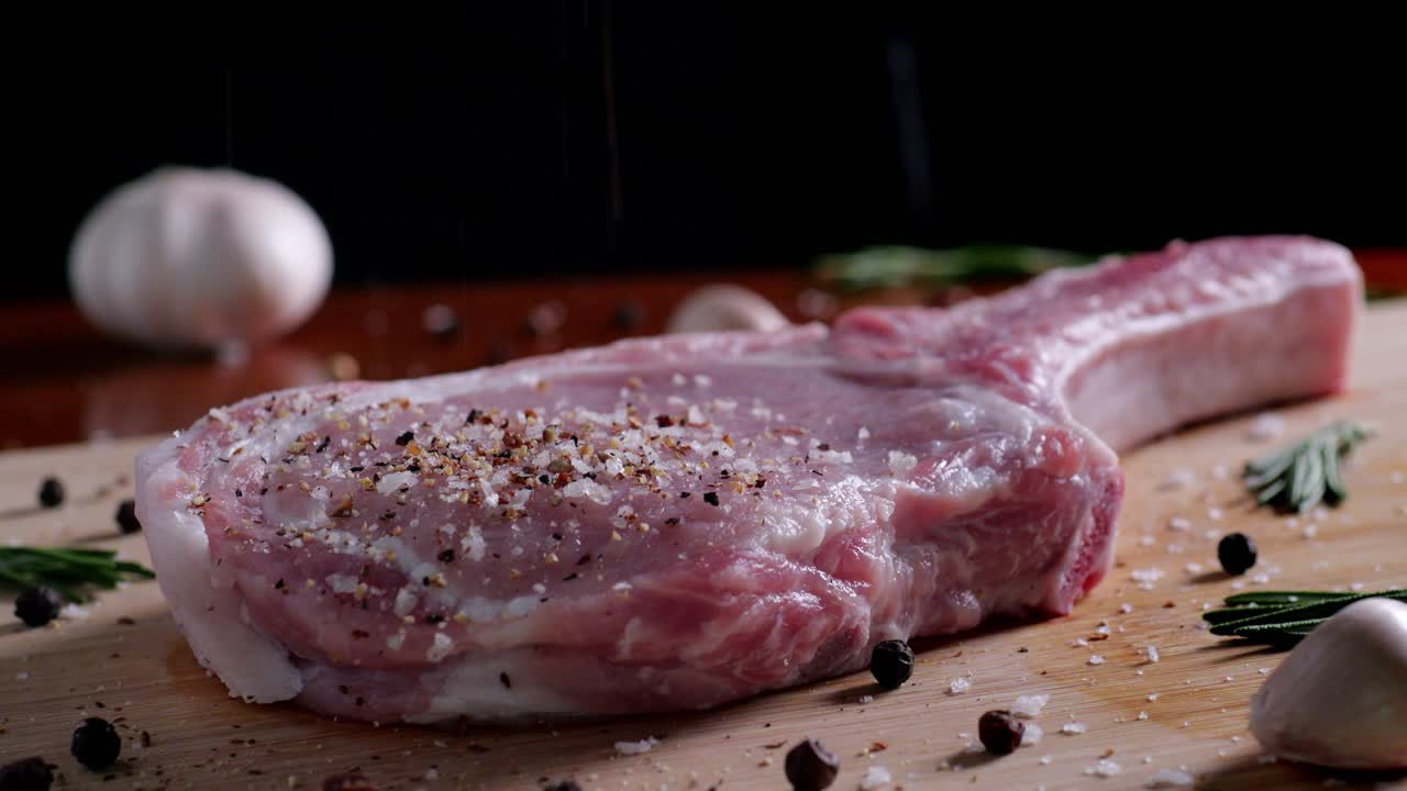 chef estaciones bistec crudo con sal y pimienta en una tabla de corte de madera, cámara lenta, primer plano