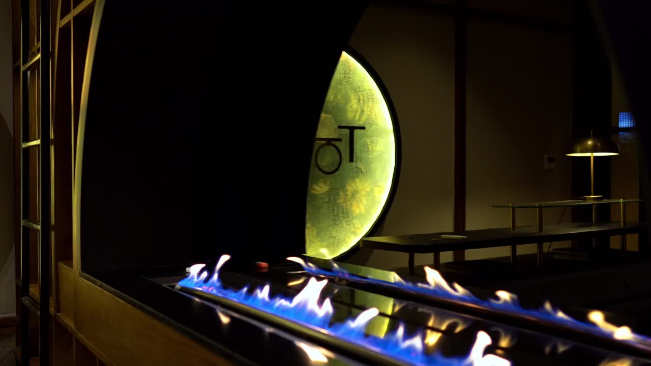 Living room with heater in the middle close up shot, tilt right shot