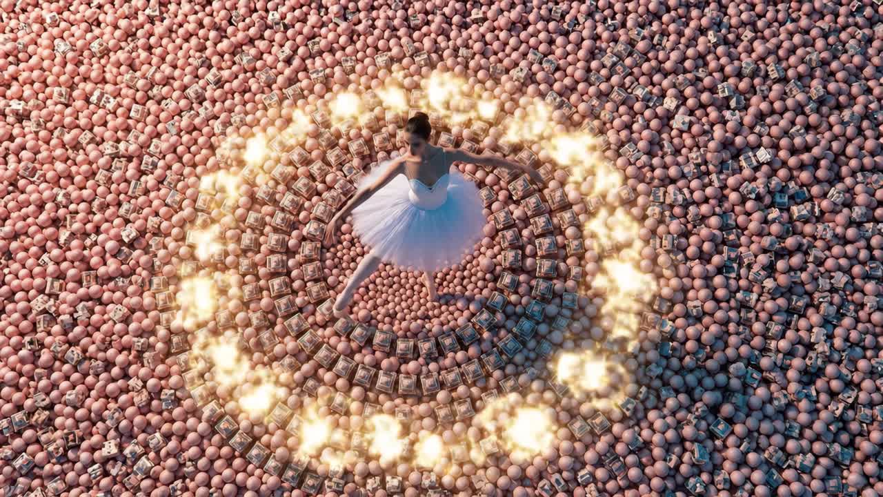Vista dall'alto di una ballerina che danza con grazia in un ambiente astratto a sfera rosa.