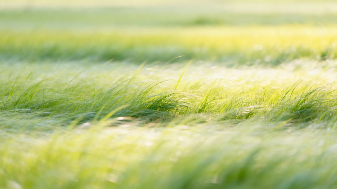 優しいそよ風が草原の背の高い草の穂を揺らし、浅い被写界深度のボケで穂先が輝く。