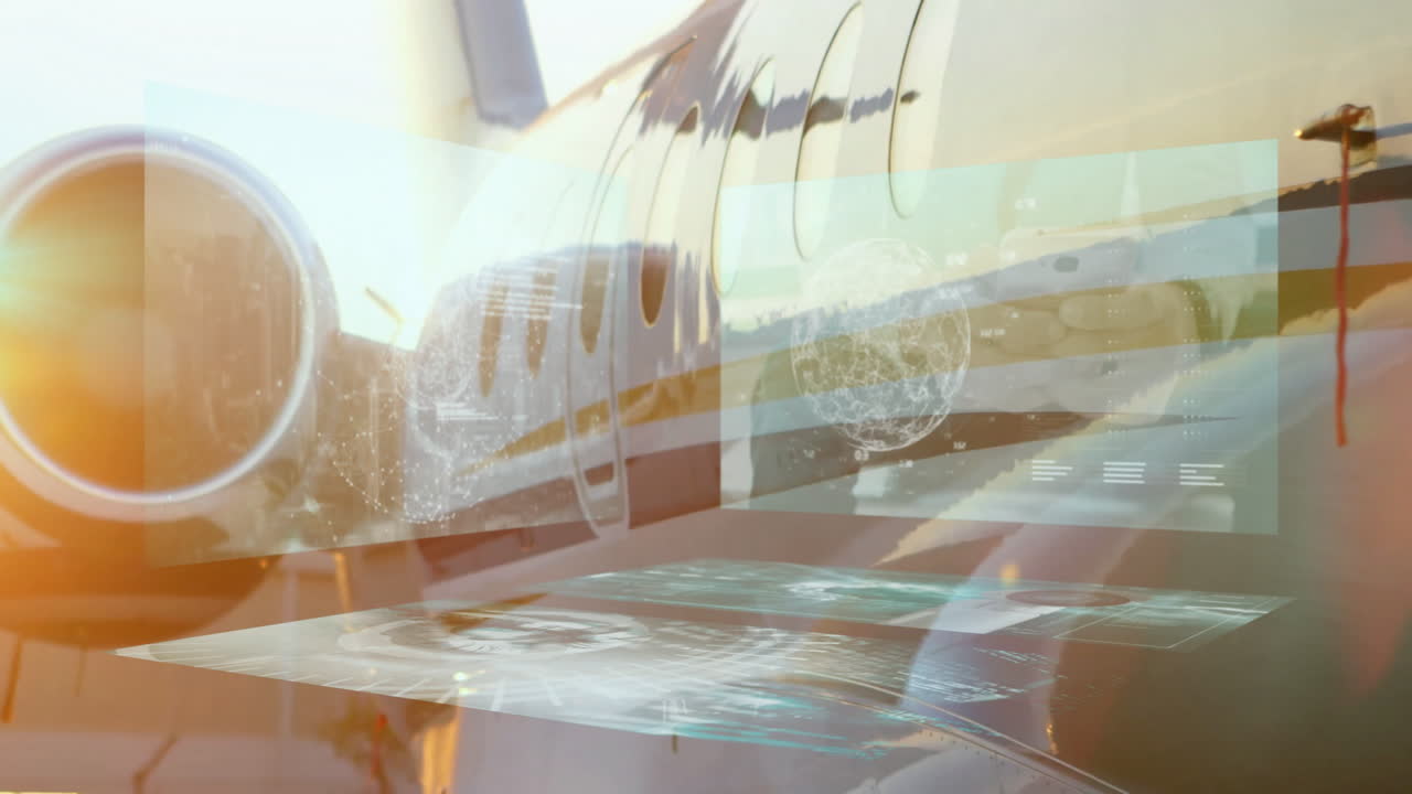 Futuristic digital interface animation over private jet exterior in sunlight