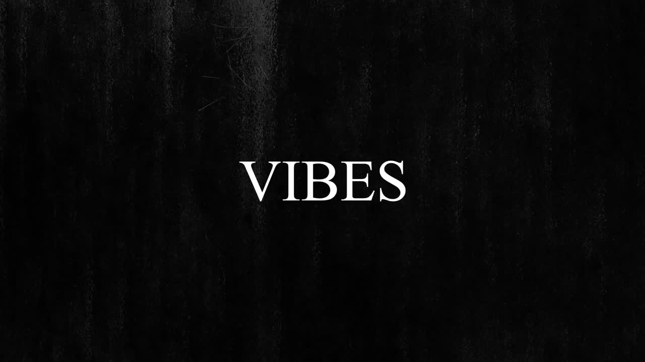 Animation of flickering text vibes, with white vertical scratch lines moving on black background