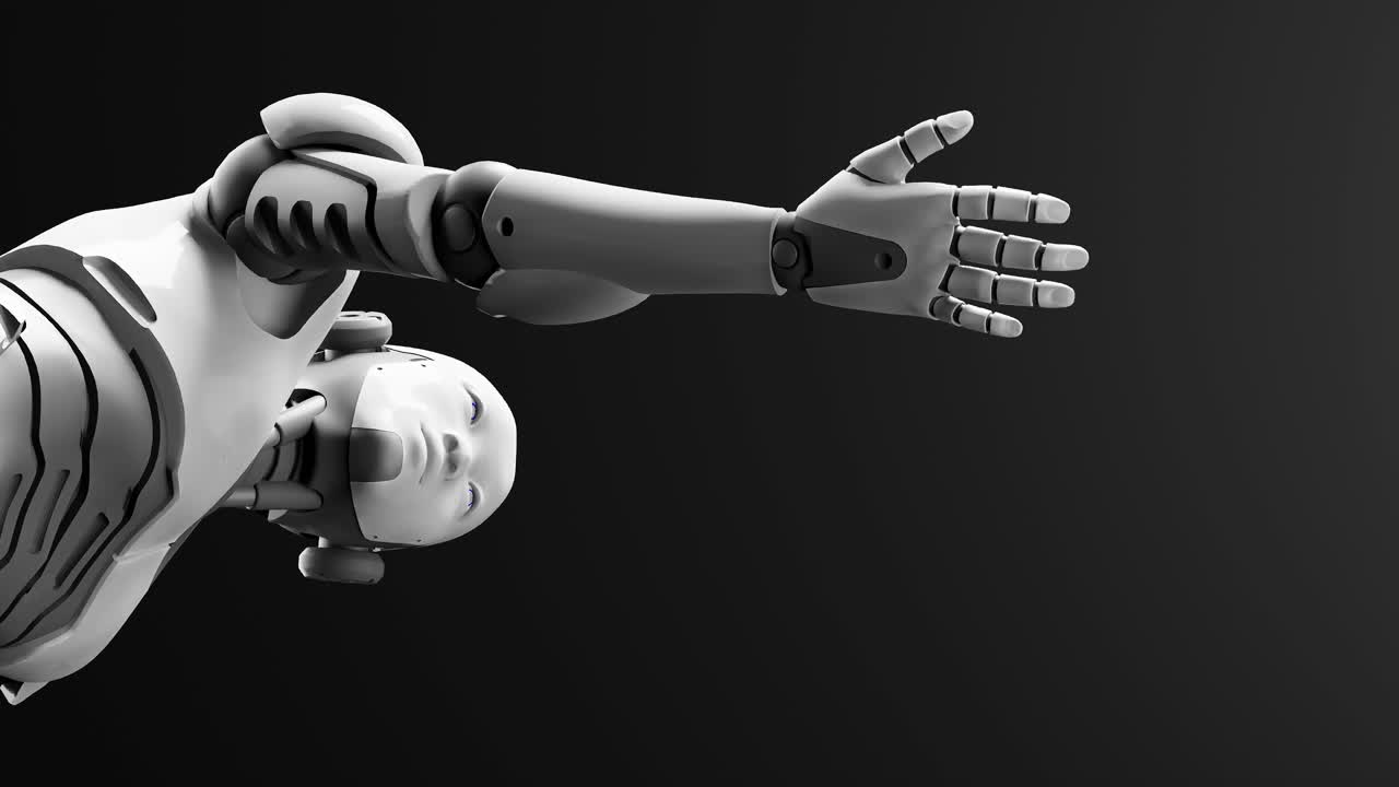 prototipo de cyborg humanoide moviendo el brazo y mostrando la palma de la mano espacio vacío para agregar objeto, fondo de cielo de espacio oscuro negro, inteligencia artificial escenario de tarea futurista animación de renderización 3d