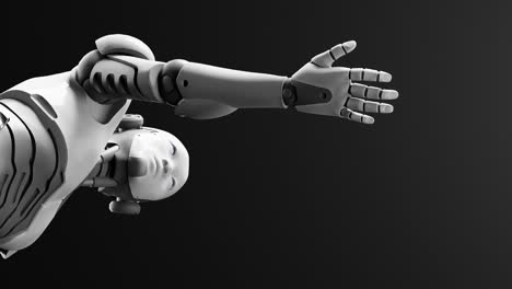 prototipo de cyborg humanoide moviendo el brazo y mostrando la palma de la mano espacio vacío para agregar objeto, fondo de cielo de espacio oscuro negro, inteligencia artificial escenario de tarea futurista animación de renderización 3d
