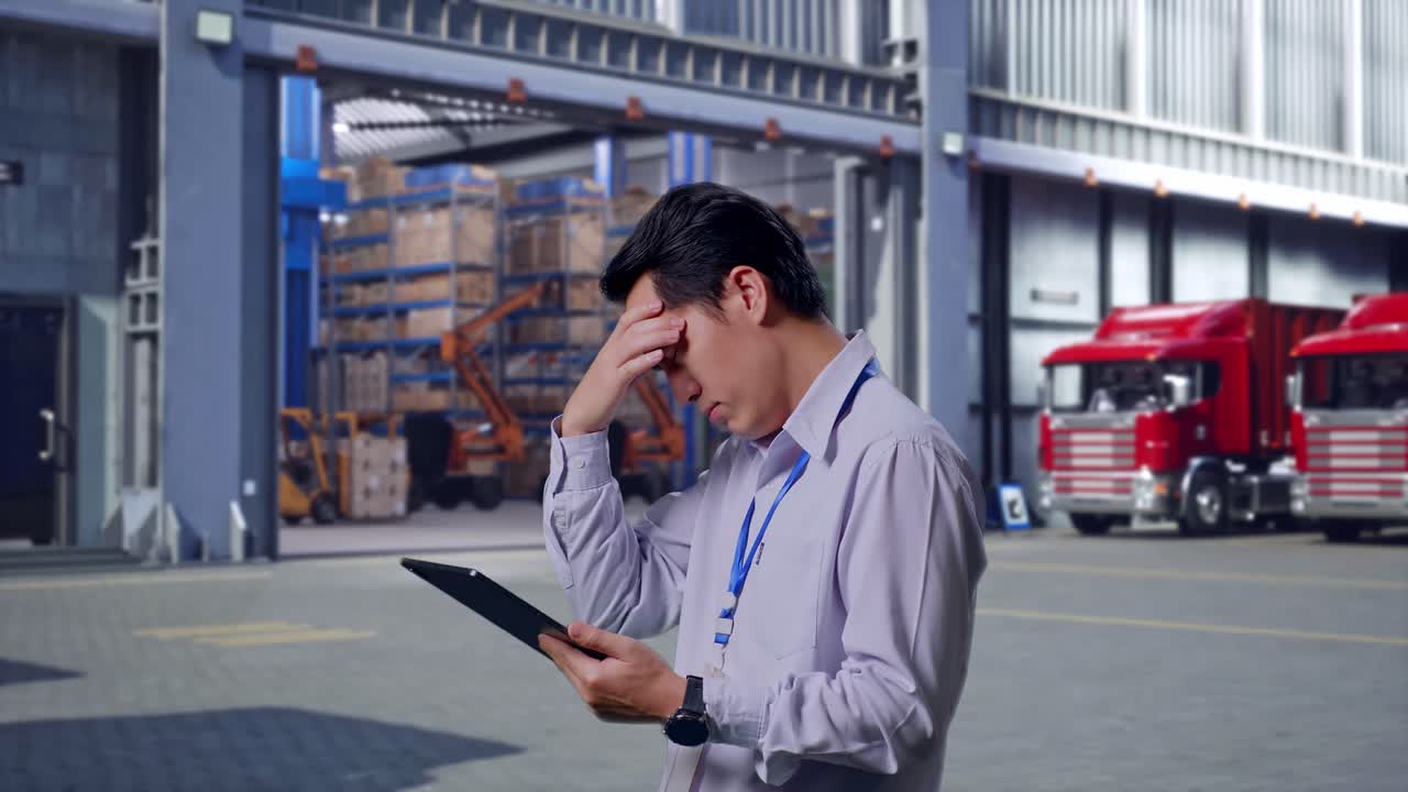 Side View Of An Asian Male Professional Worker Standing With His Tablet, Outside of Logistics Distributions Warehouse, Checking With Dissapionted And Nodding His Head