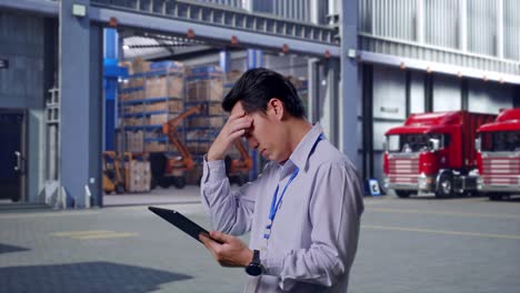 side view of an asian male professional worker standing with his tablet, outside of logistics distributions warehouse, checking with dissapionted and nodding his head