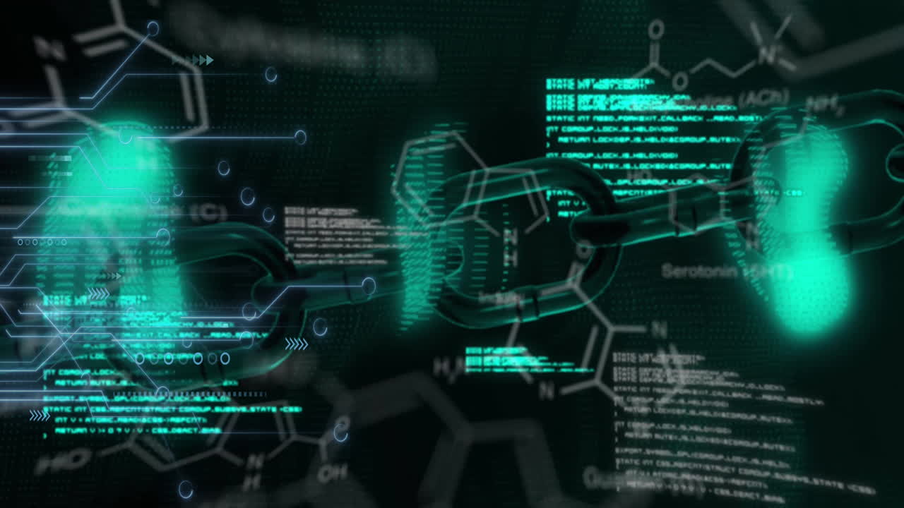 Animation of chemical formula and data processing on black background