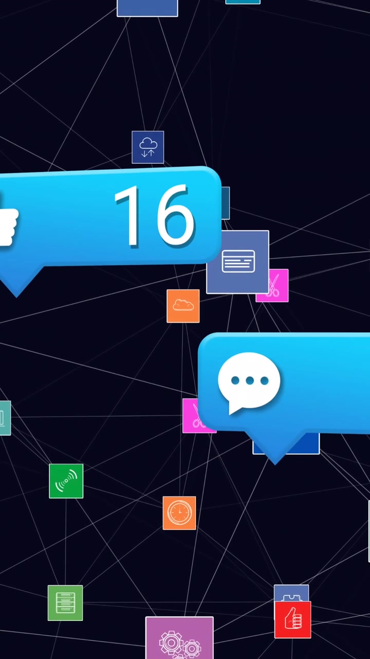 Animation of social media reactions and squares on black background