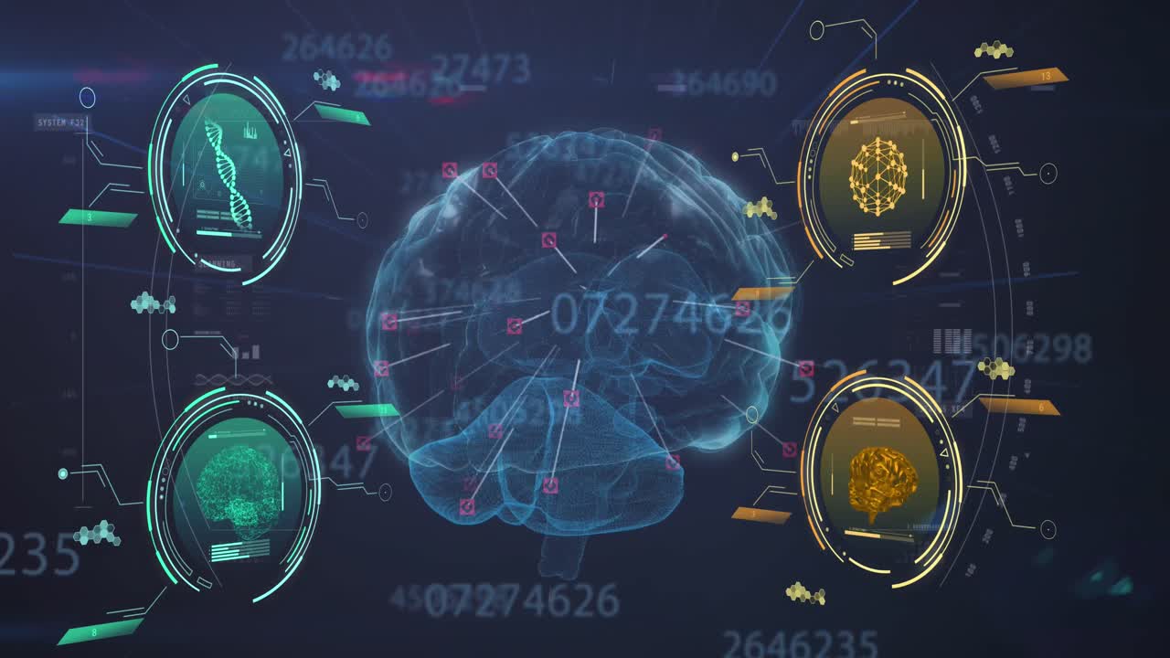 Animation of dna strand, human brain and scientific data processing