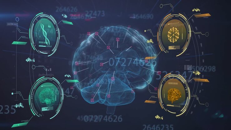 Animation of dna strand, human brain and scientific data processing