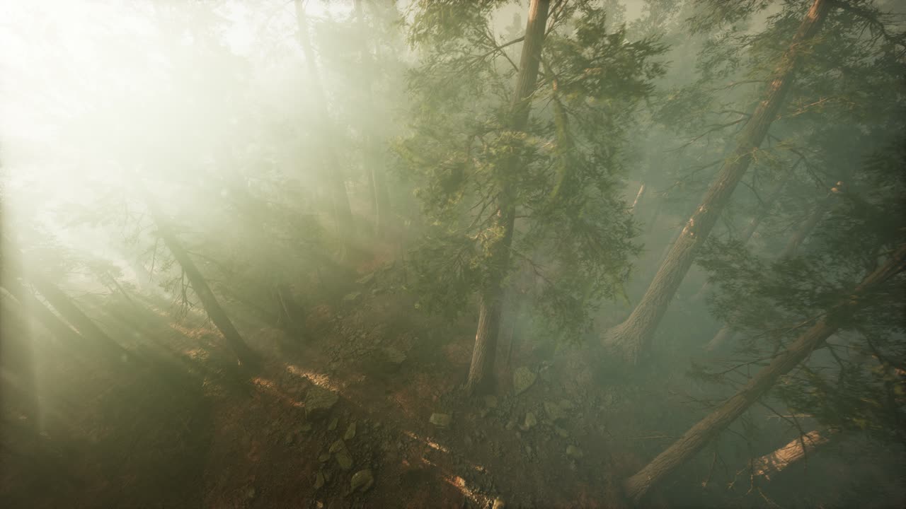 드론이 안개를  ⁇ 고 레코우드와 소나무를 보여줍니다.