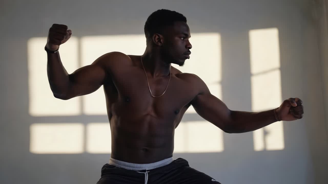 Muscular African American man boxing indoors