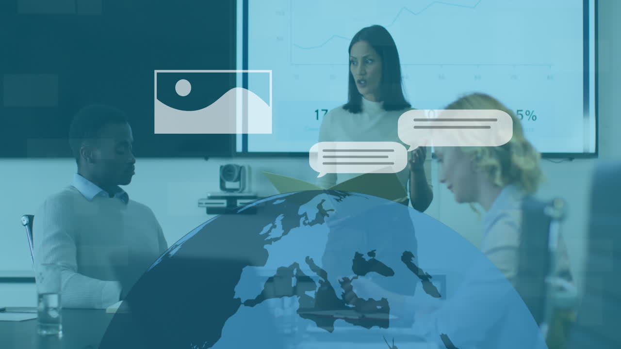 animación de globo y procesamiento de datos ai sobre diversas personas de negocios en la oficina