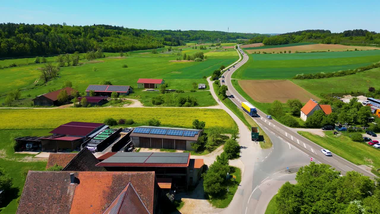 4K Aerial Drone Video of Farmland and Farmhouses in the Village of Sachsen near Ansbach, Germany