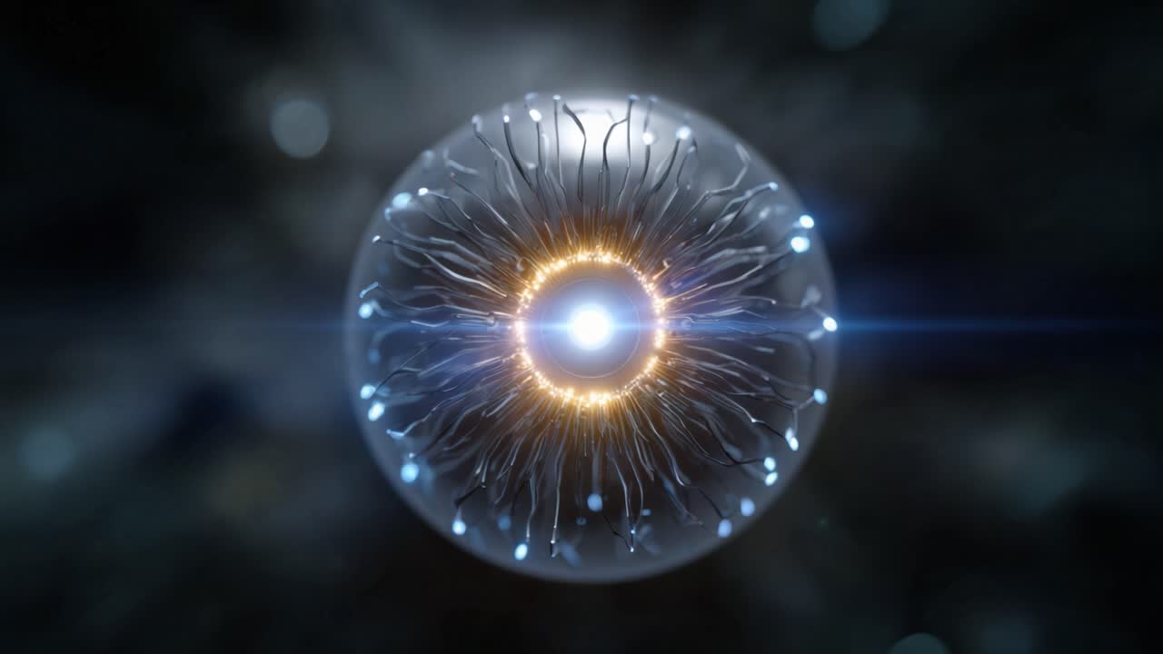 Un'immagine affascinante di una struttura sferica luminosa con viticci radiosi e un bagliore interno, che mostra motivi intricati e un'atmosfera eterea in una scena cosmica.