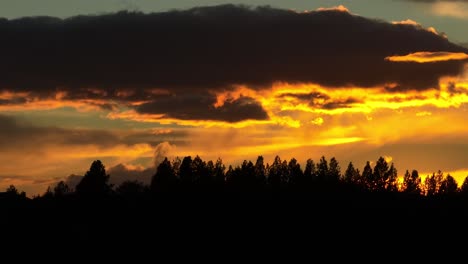 Beautiful-orange-sunset-over-moving-silhouette-of-wooded-suburbs,-aerial-footage