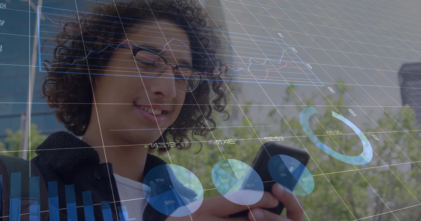 Man tapping and scrolling phone outdoors generating tech charts forming near hands tracking stats