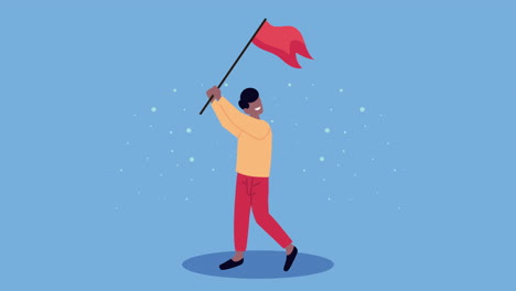 man holding a red flag