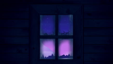marco de la ventana sobre santa claus en trineo siendo tirado por renos contra el cielo nocturno
