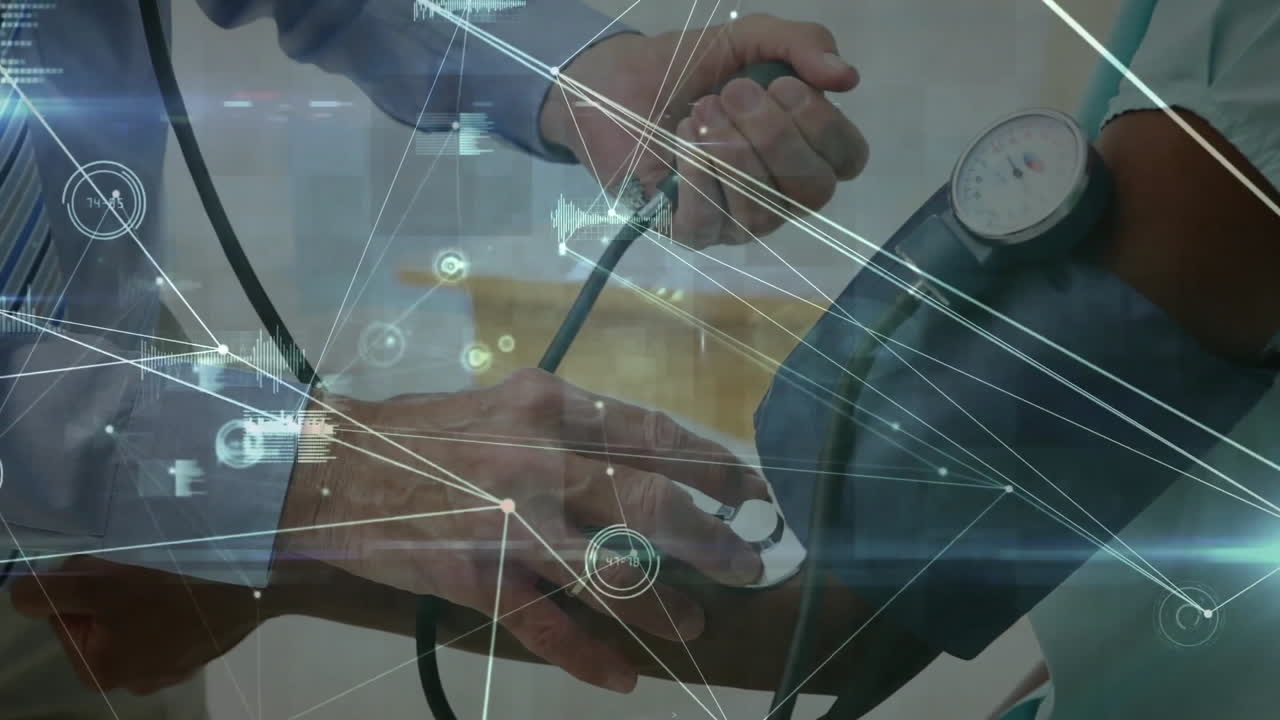 환자의 혈압을 측정하는 의사에 대한 의료 데이터 네트워크 애니메이션