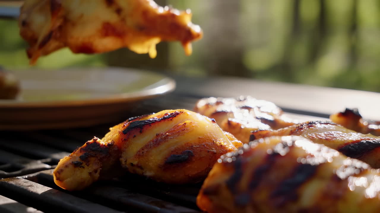Cosce di pollo grigliate su barbecue da giardino, pelle dorata glassata con segni di griglia, pinze che sollevano un pezzo.