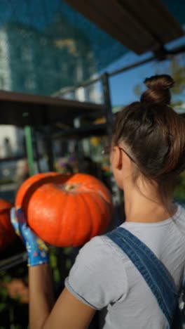 mujer en el mercado de un granjero mirando calabazas