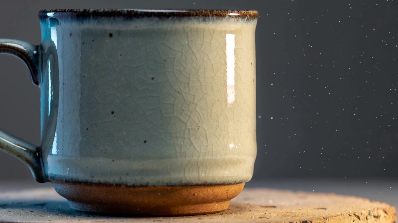 Tightening camera framing showing celadon mug revealing glaze on stone coaster to highlight texture