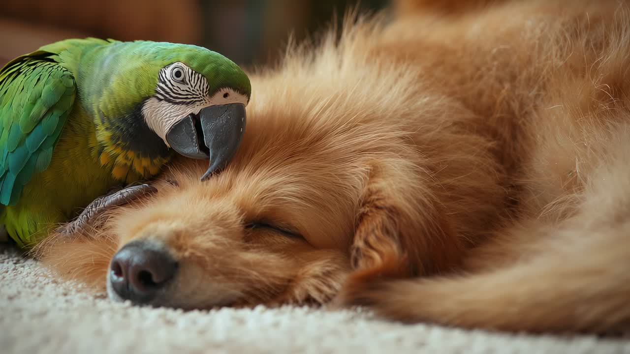 Arara-verde empoleirada, semelhante a um papagaio, iniciando a limpeza da testa de um cachorro dourado no carpete, mostrando afeto