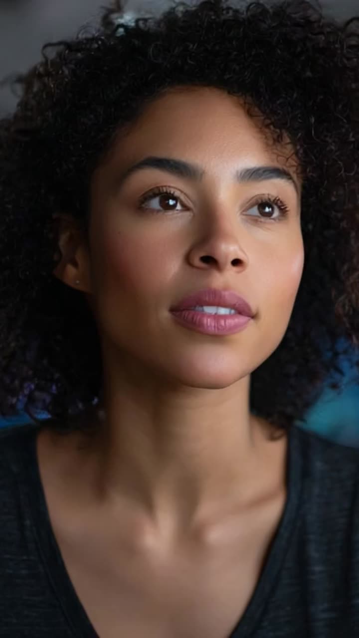 A contemplative woman with curly hair gazes upward, embodying emotions and thoughtfulness, as vibrant colors blur into the background enhancing her presence