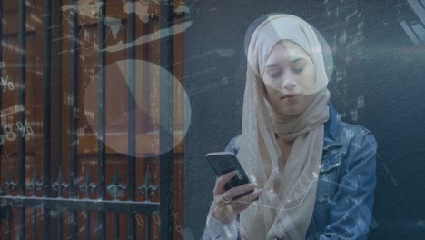 animación de datos financieros y gráficos sobre oriente medio mujer que usa un teléfono inteligente