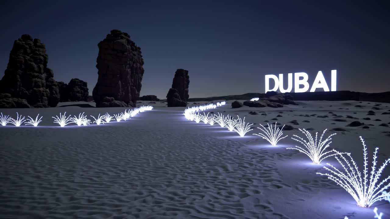 Luminous plants illuminating a path at night to the illuminated Dubai sign in a white desert with rocks and dark blue sky in the background