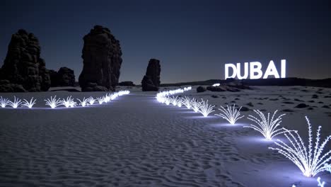 luminous plants illuminating a path at night to the illuminated dubai sign in a white desert with rocks and dark blue sky in the background