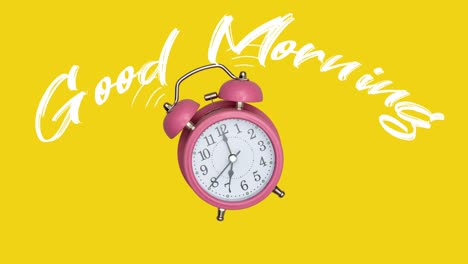 a funny pink alarm clock strides across the yellow background and rings good morning.