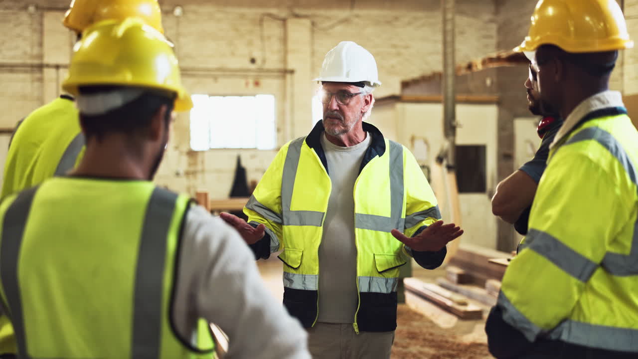 Construction workers in warehouse