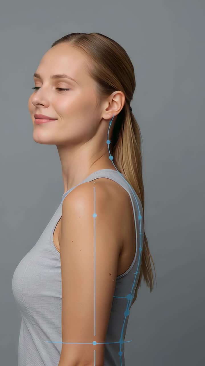Video verticale: sovrapposizione blu che traccia all'indietro, donna con top grigio che gira la testa per mettersi in posa in studio