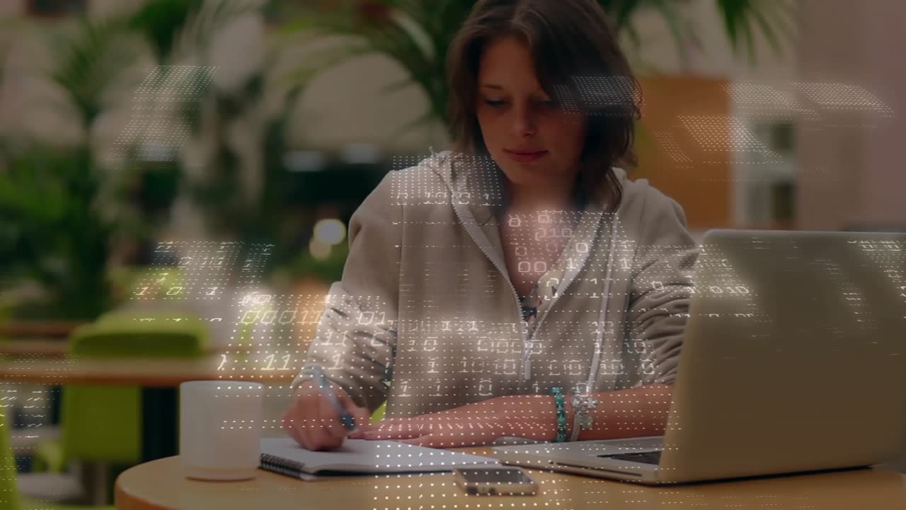 Woman sitting café lounge taking notes, glancing smartphone, picking up phone and calling for study