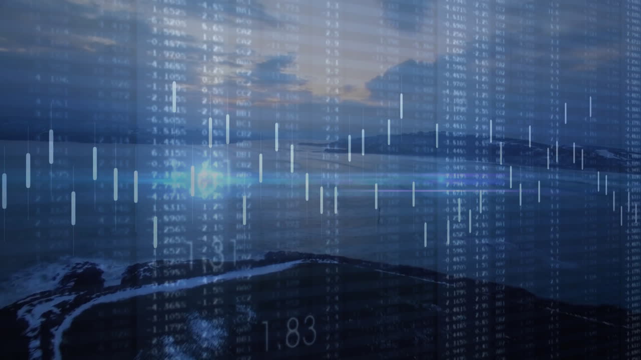 Flat design peninsula merging with candlestick overlay against dusk sky, featuring glowing data