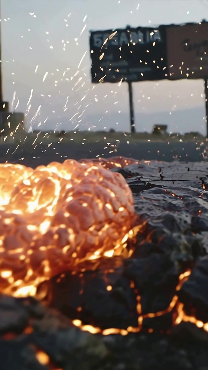 Vertical video: Sparking molten mass spreading across cracked pavement at dusk near billboard